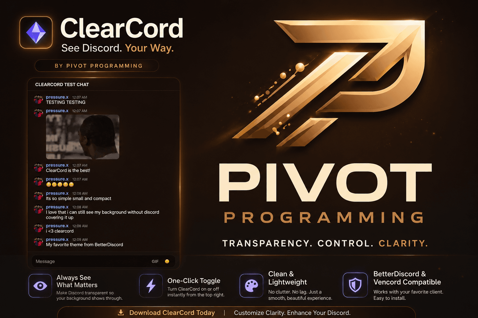 ClearCord glassmorphic theme shown in a live test chat