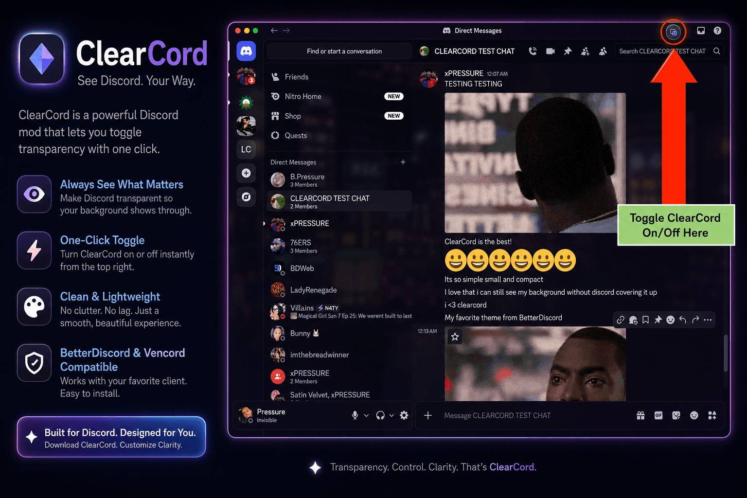 ClearCord toggle button highlighted in the top-right of the Discord window