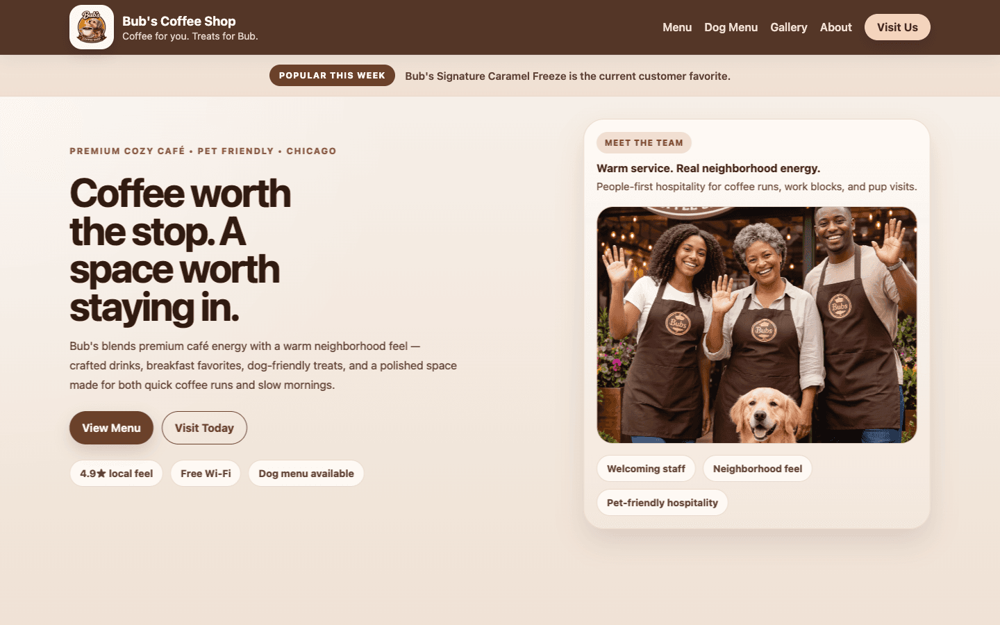 Bub’s Coffee Shop website homepage