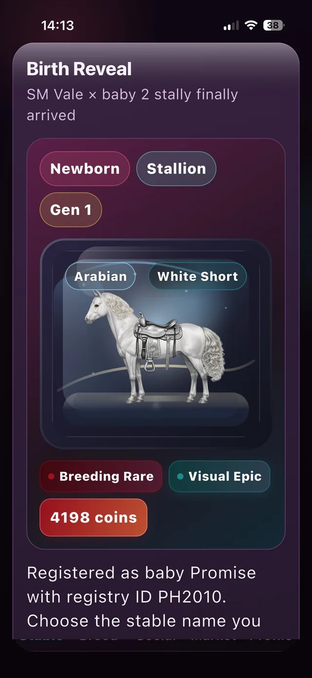 Birth reveal screen showing the newborn foal's final traits and rarity