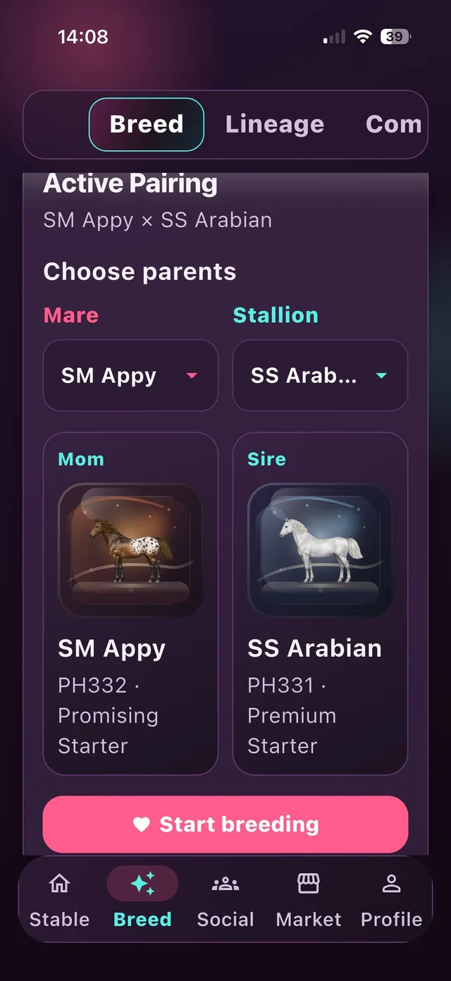 Choose parents screen with a mare and stallion selected for breeding