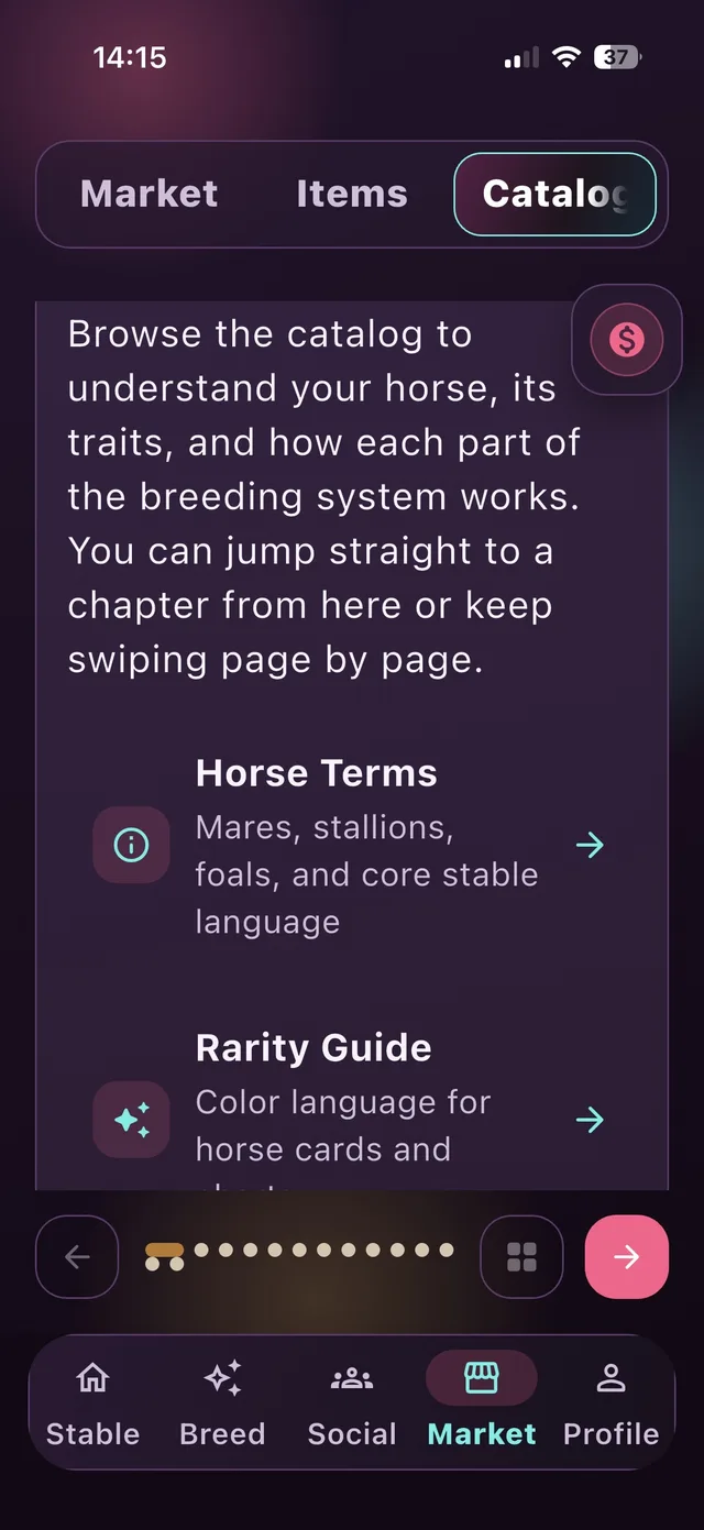 Catalog screen with a glossary of horse terms and a rarity guide
