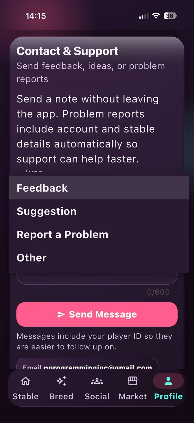 Contact and support screen with feedback, suggestion, and problem-report categories