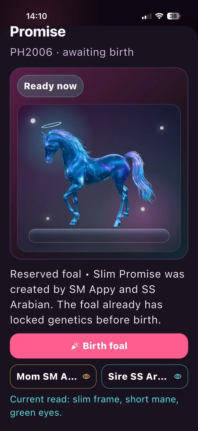 Foal card showing a glowing silhouette and a partial trait read while awaiting birth