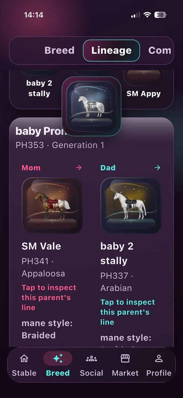 Lineage screen showing a foal with tap-to-inspect links to its mother and father's ancestry