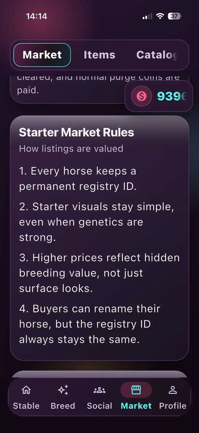 Starter market rules screen explaining how listings are valued