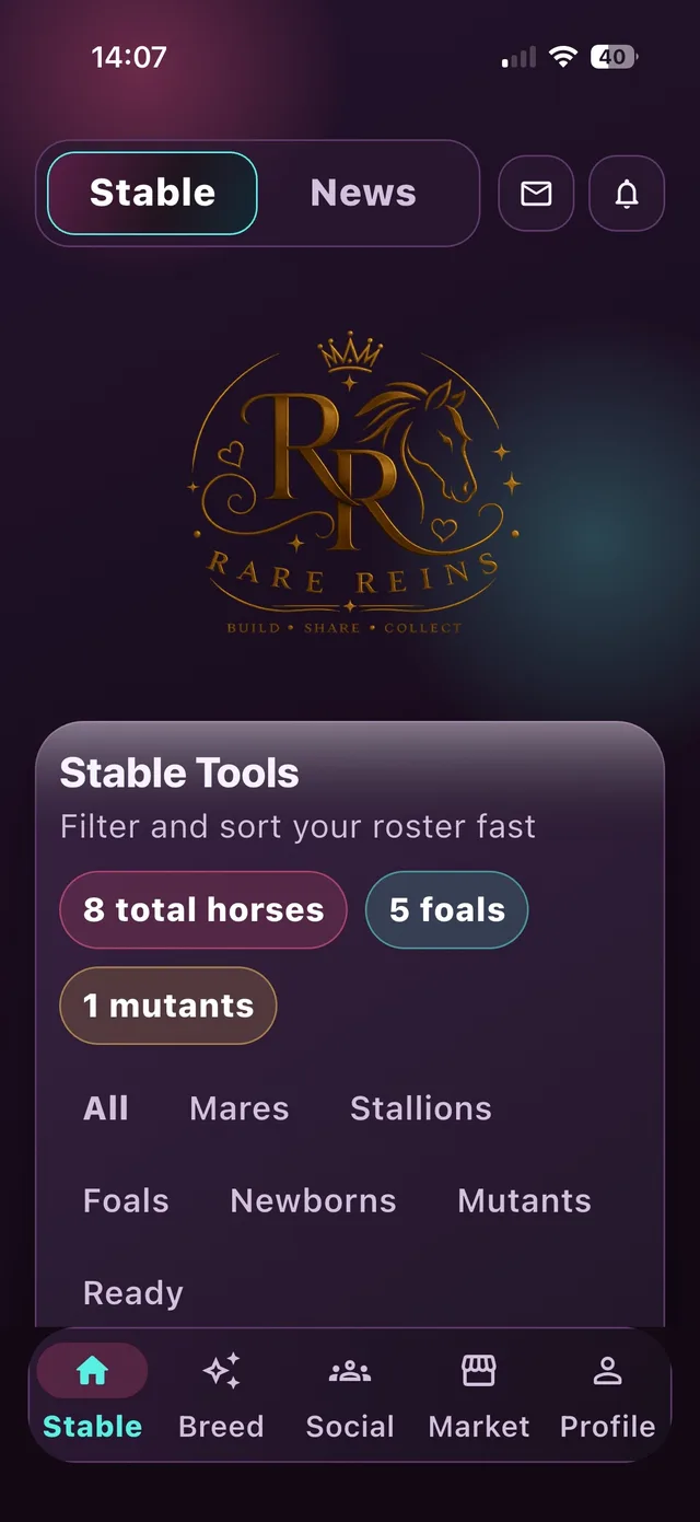Rare Reins stable home screen showing horse count, foal count, and filter chips
